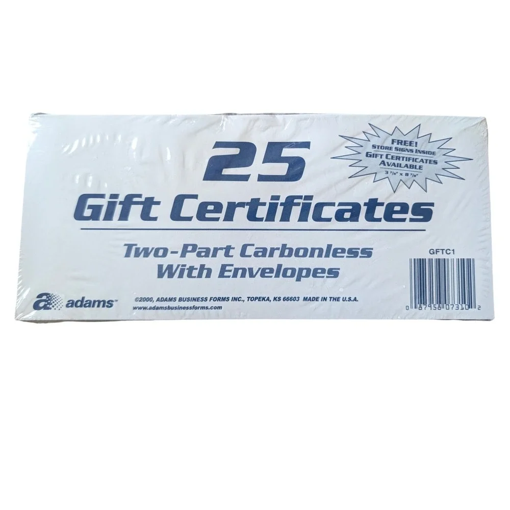 Adams 25 Gift Certificates Two Part Carbonless With Envelopes GFTC1 Blue White